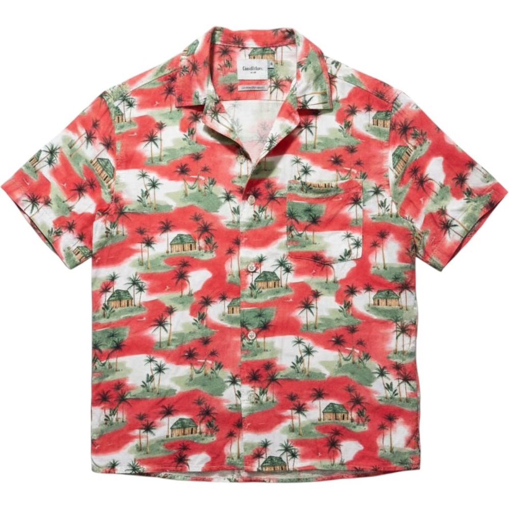 Goodfellow & Co Mens Large Red Tropical Island Palm Tree Rayon Camp Shirt L